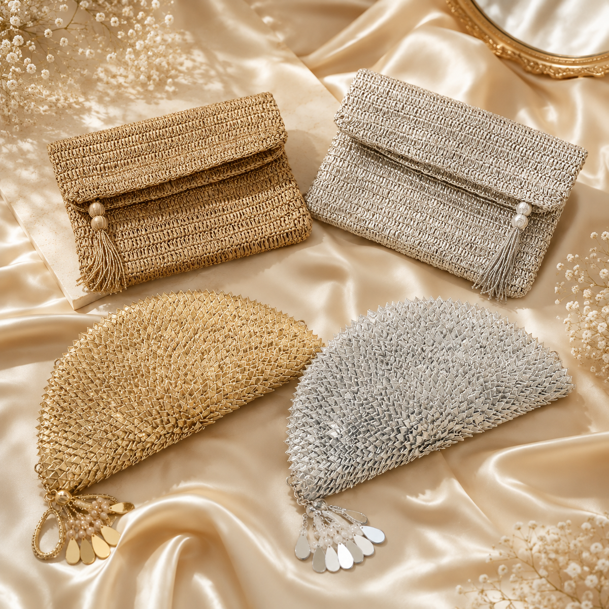 A collage of five embellished semi-circular clutch bags. The bags feature textured beadwork and crystal details, shown in metallic gold and silver tones on draped satin fabric with decorative ceramic vases and flowers.