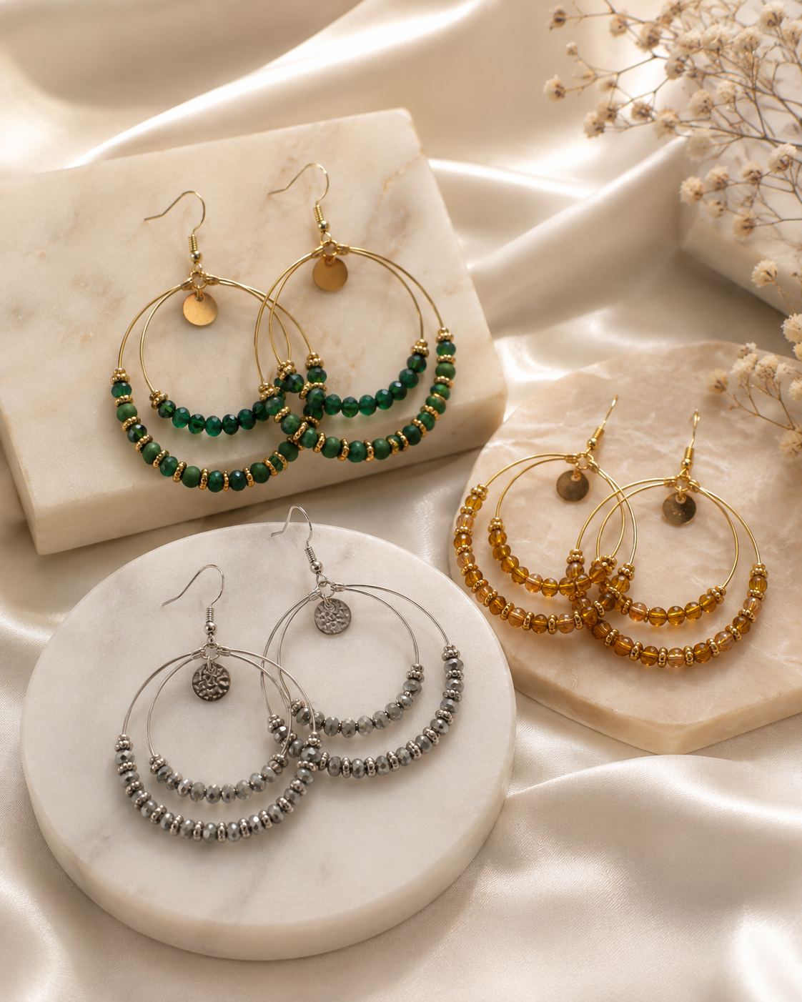 Bohemian hoop earrings in gold hoops with green faceted beads and a small gold disc or gold hoops with gold faceted beads and a small gold disc or silver hoops with silver faceted beads and a small silver disc  