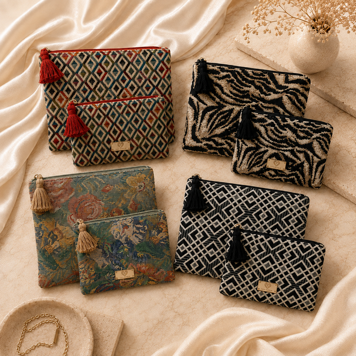 Four patterned zip pouches. The pouches include a red-and-blue diamond pattern, a floral multicolor print, a black-and-beige zebra-like pattern, and a black-and-beige geometric lattice pattern.