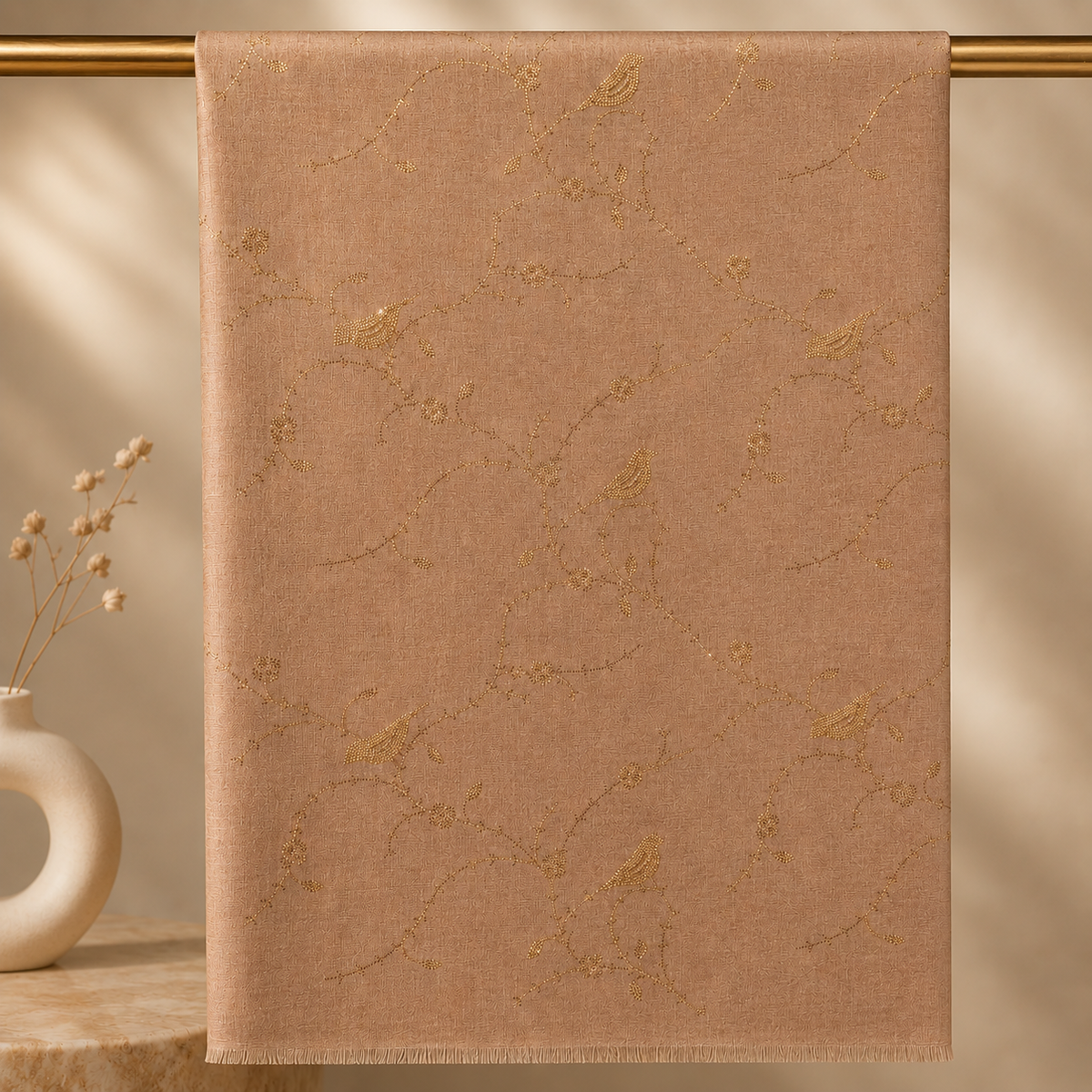 Light Coffee with Gold Crystal Floral Stole