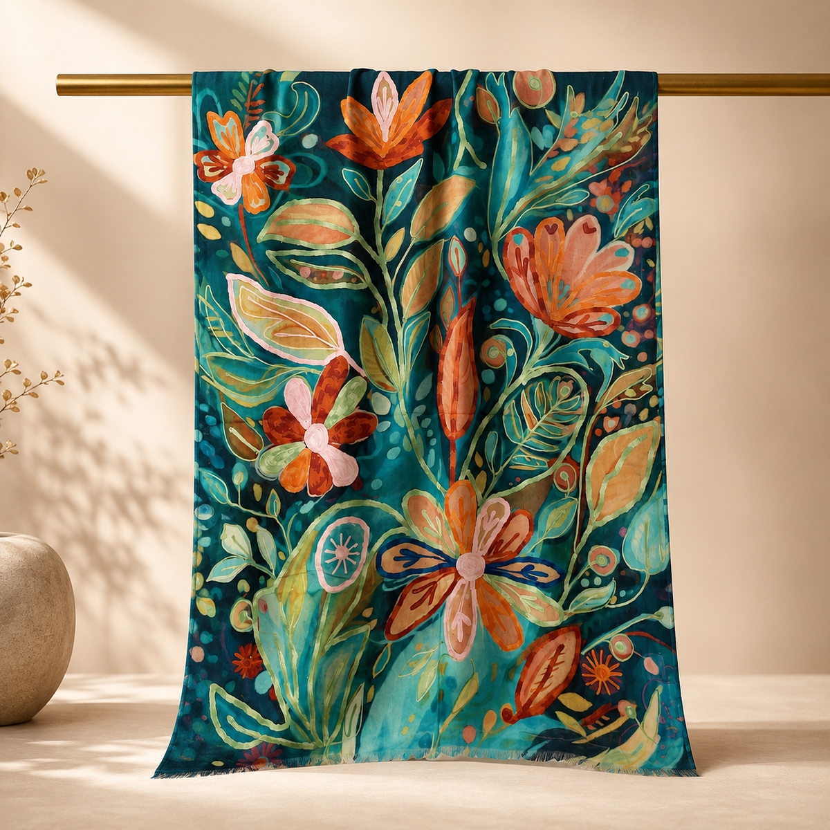 Teal & Multicolor Floral Embroidered Stole