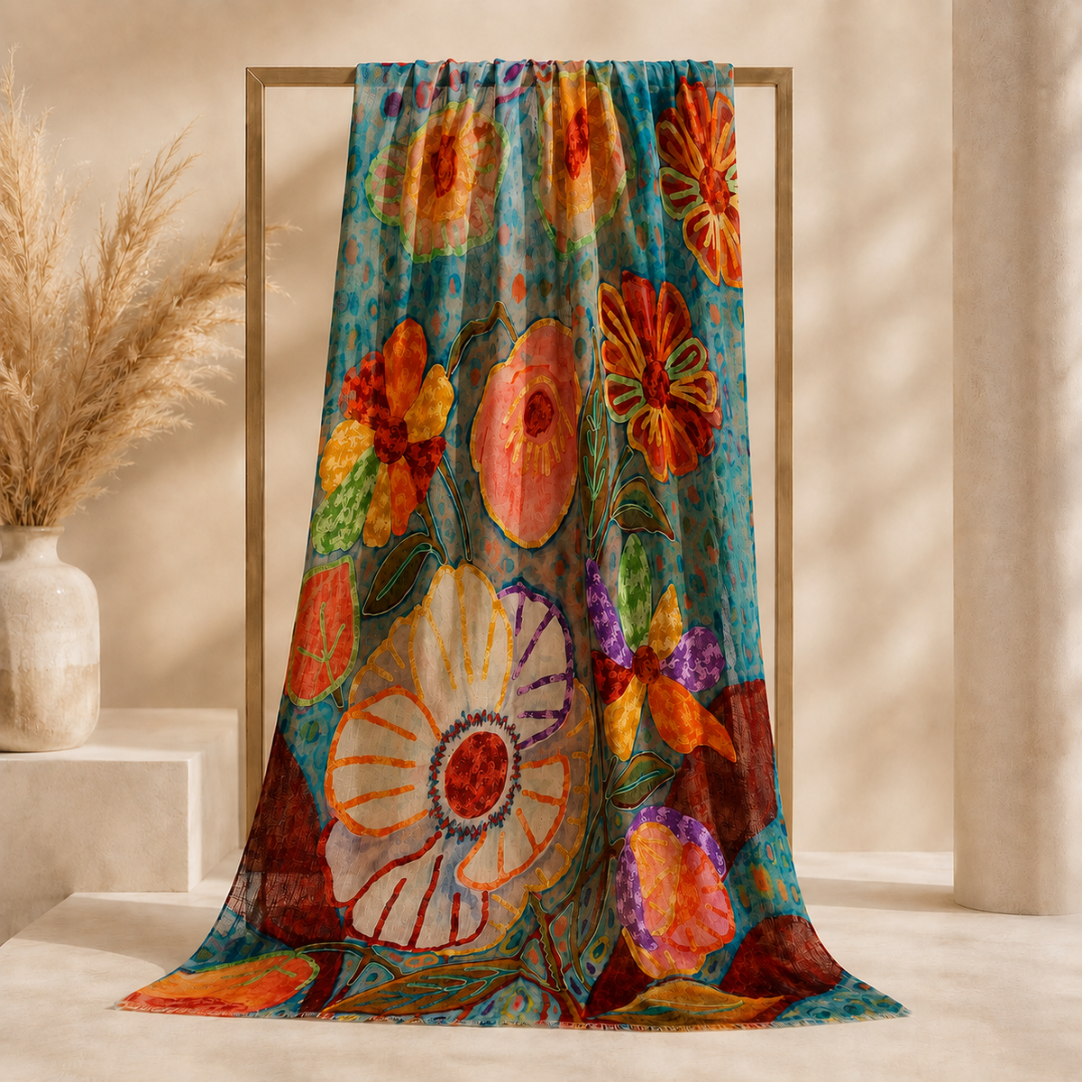 Light Coffee & Multicolor Floral Embroidered Stole