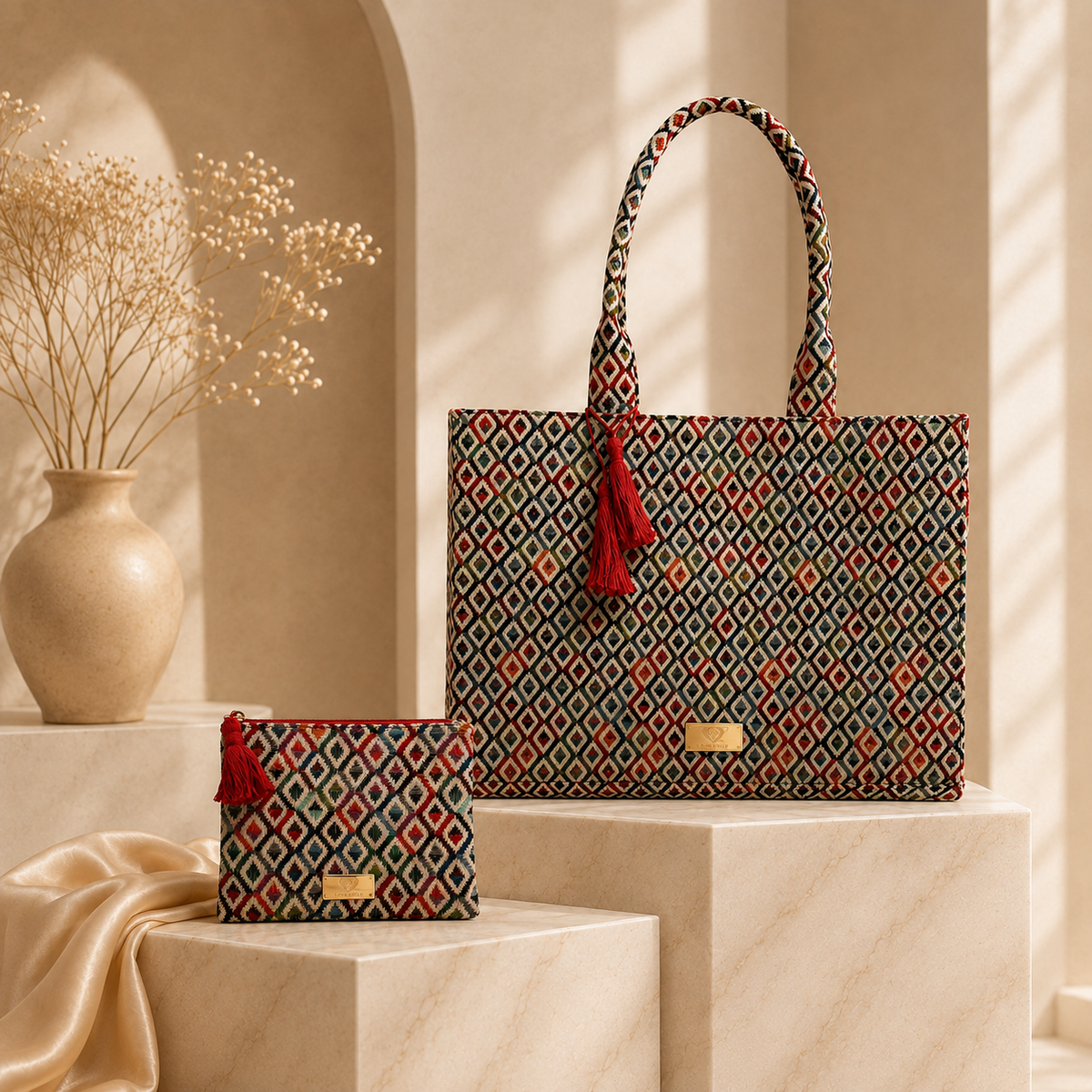 A matching laptop bag and small zip pouch with a geometric diamond pattern in red, orange, and dark green on a black base.