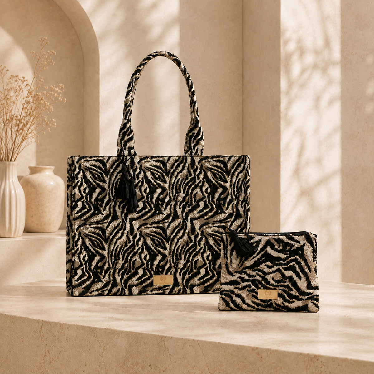 A black and beige zebra-print laptop bag  and a matching zip pouch.