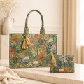 A floral tapestry laptop bag in green with matching small wallet.