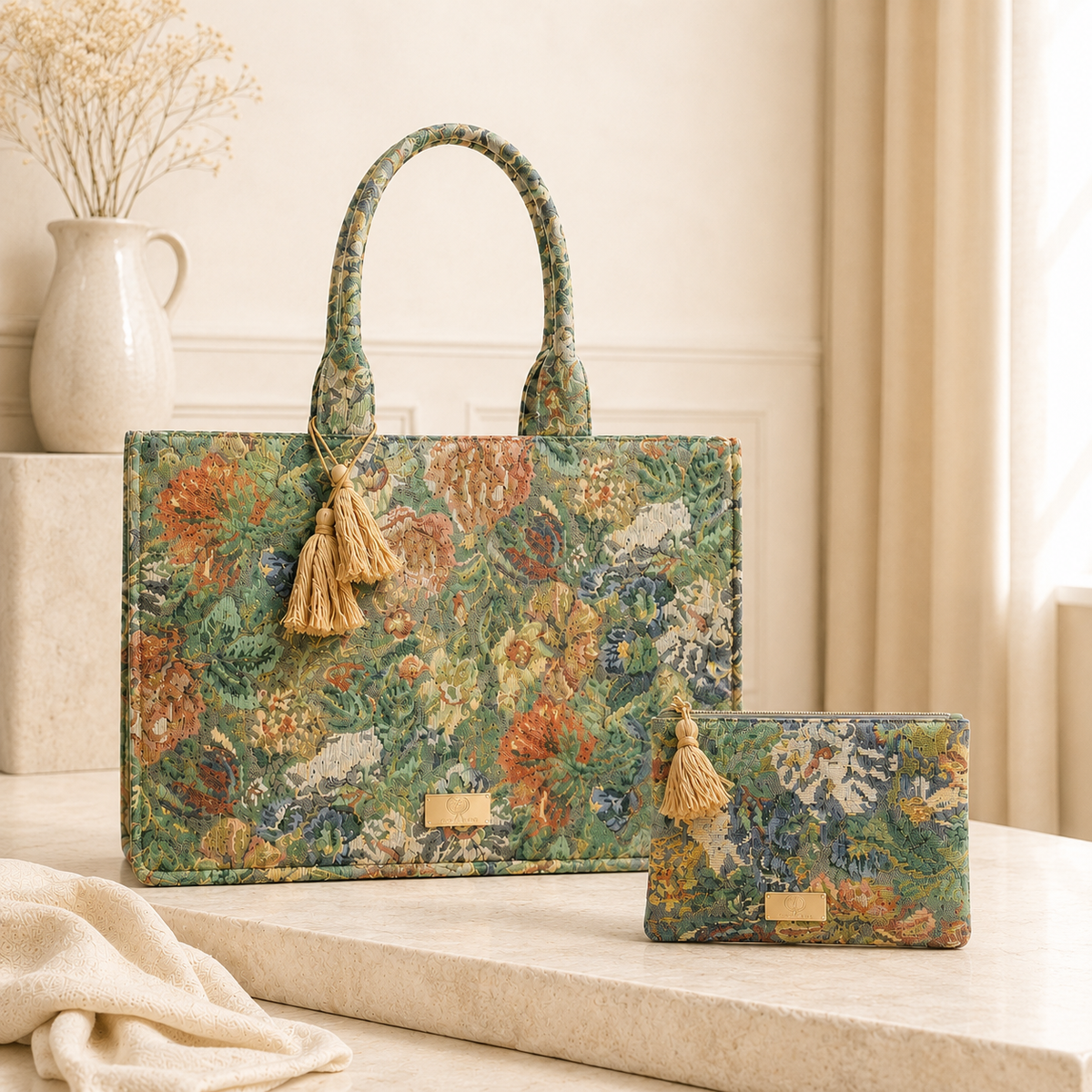 A floral tapestry laptop bag in green with matching small wallet.