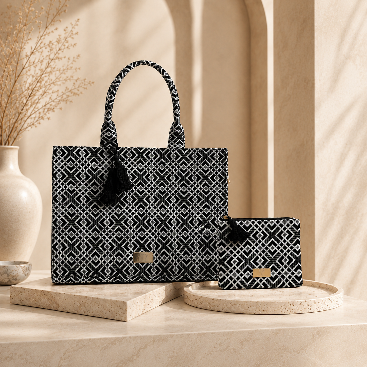 A black and white geometric patterned laptop bag with matching zip pouch.