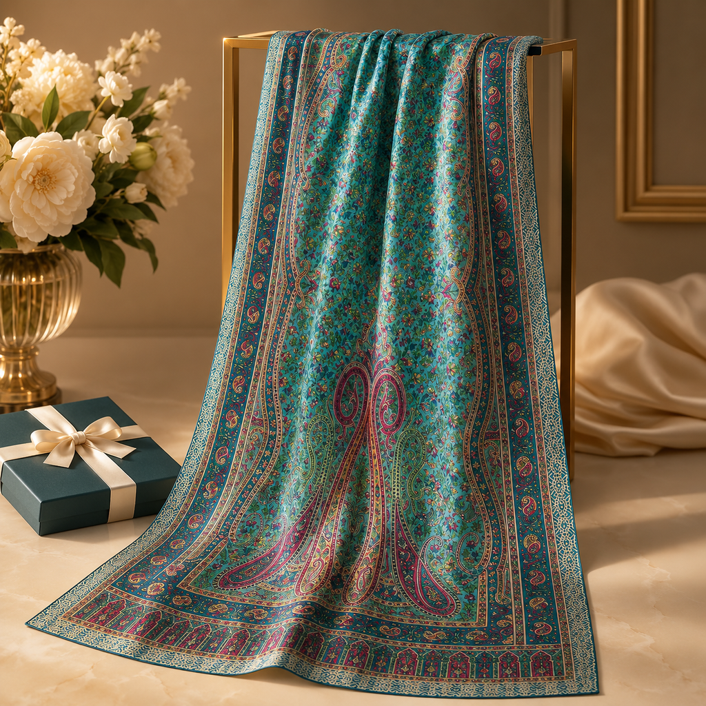Green Multicolour Rectangle Silk Scarf