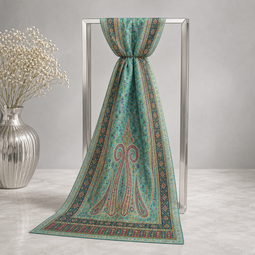 Green Multicolour Rectangle Silk Scarf