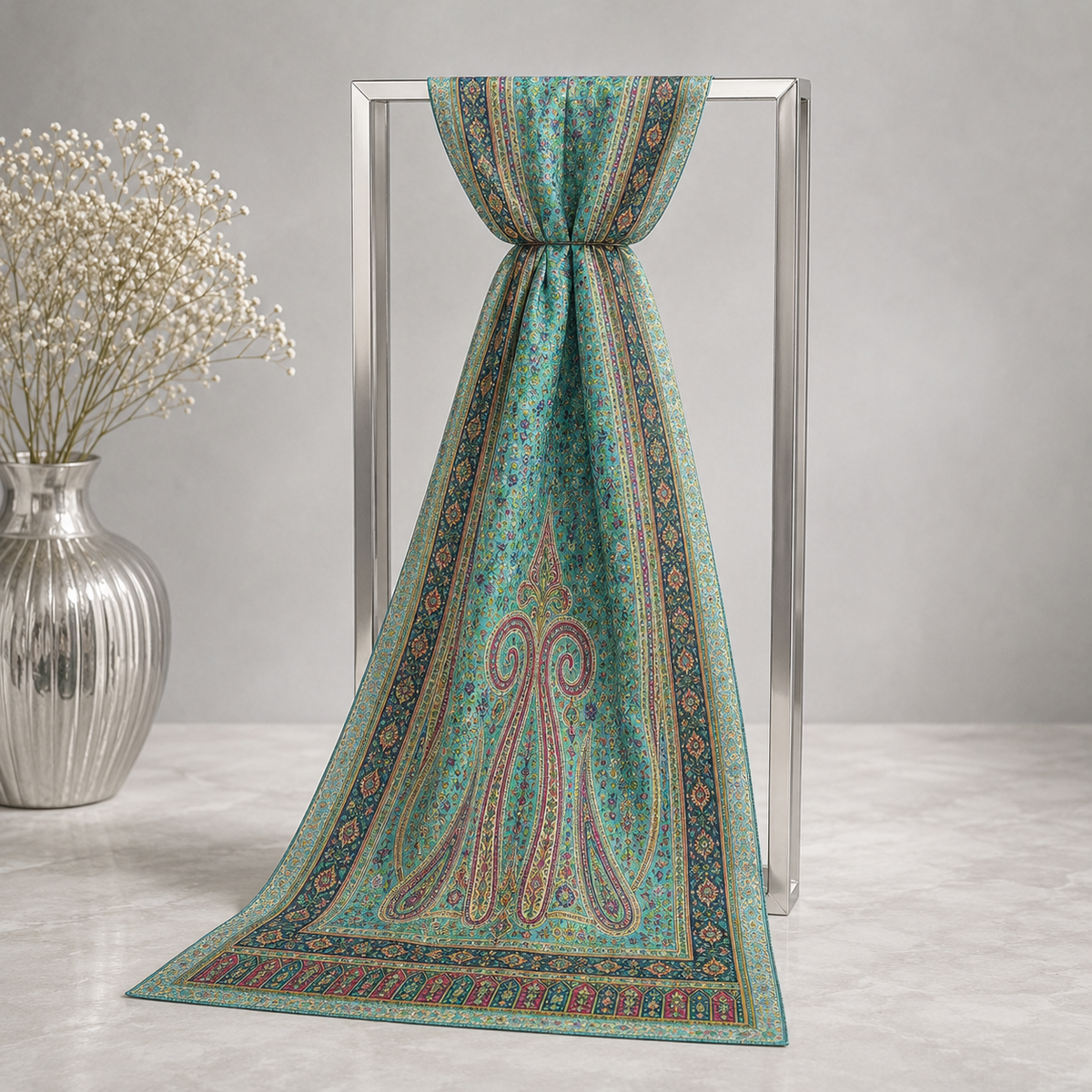 Green Multicolour Rectangle Silk Scarf