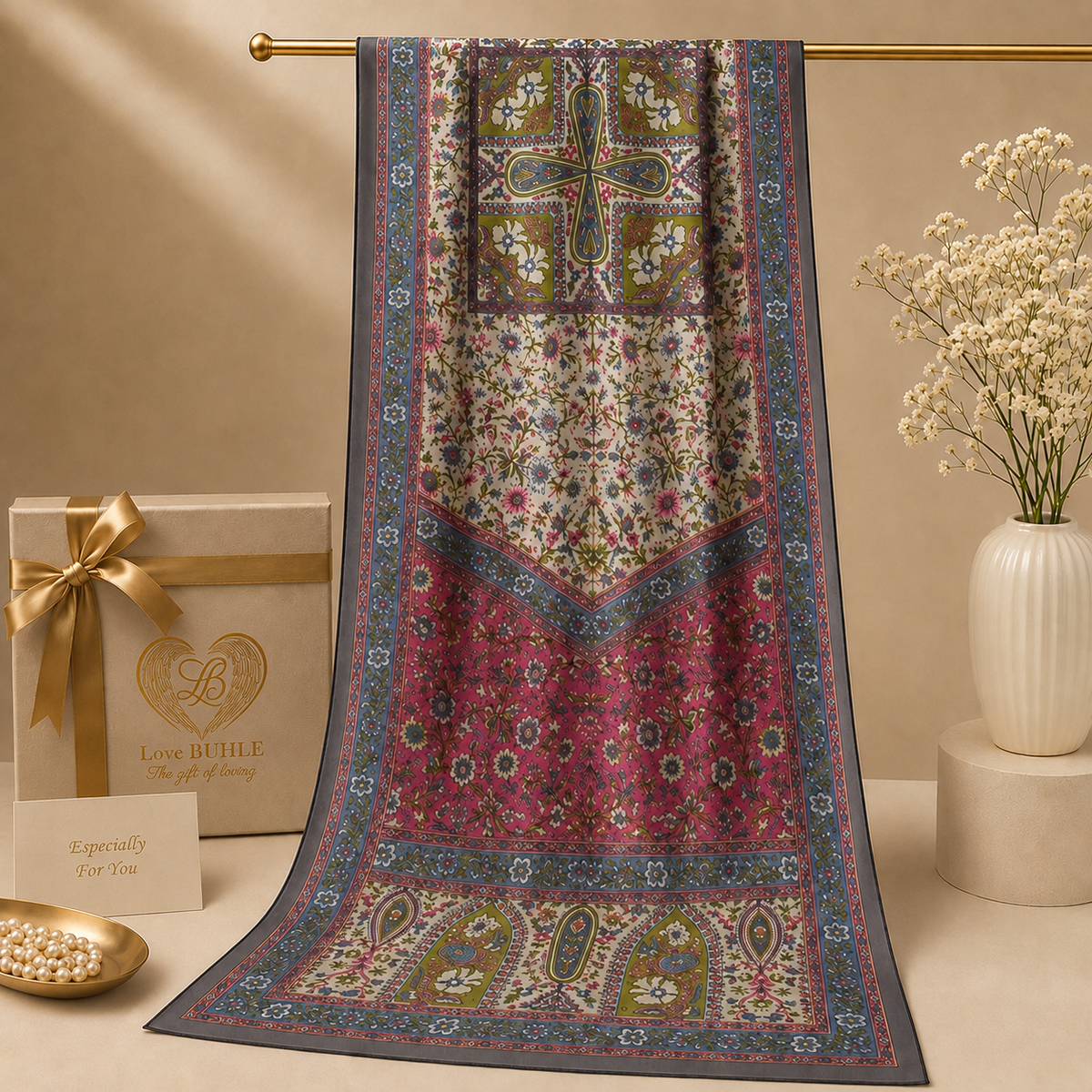 Grey Multicolour Rectangle Silk Scarf