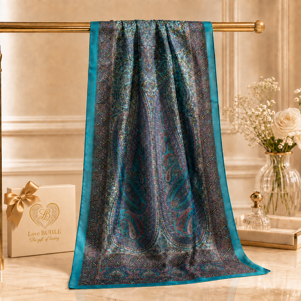 Light Blue Multicolour Rectangle Silk Scarf