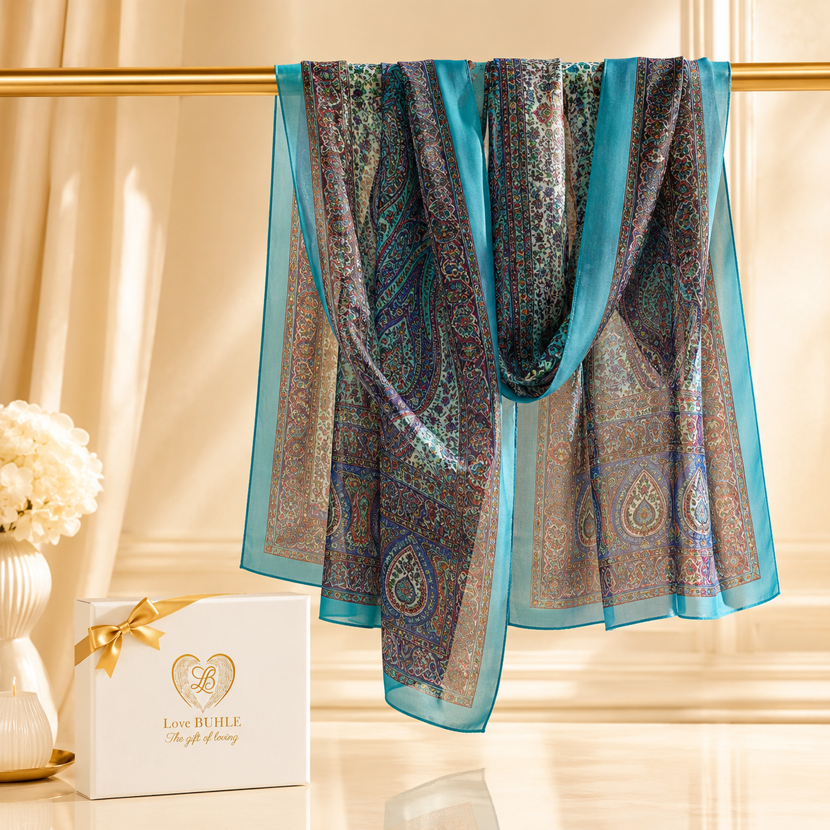 Light Blue Multicolour Rectangle Silk Scarf