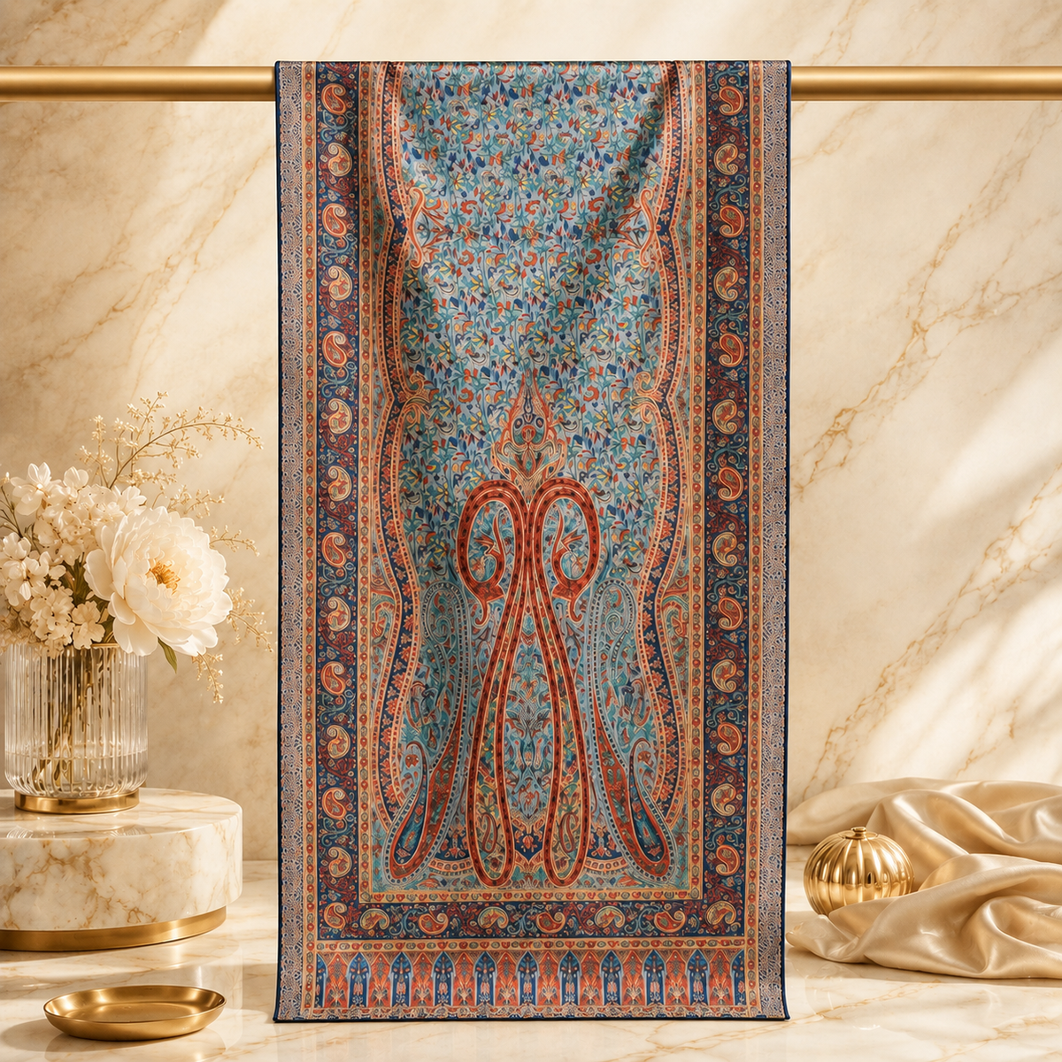 Navy Blue Multicolour Rectangle Silk Scarf