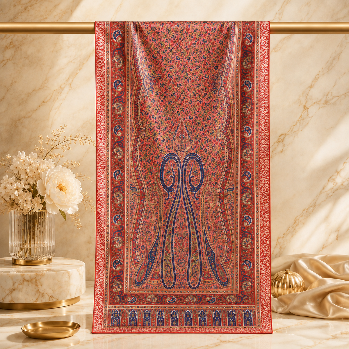 Red Multicolour Rectangle Silk Scarf