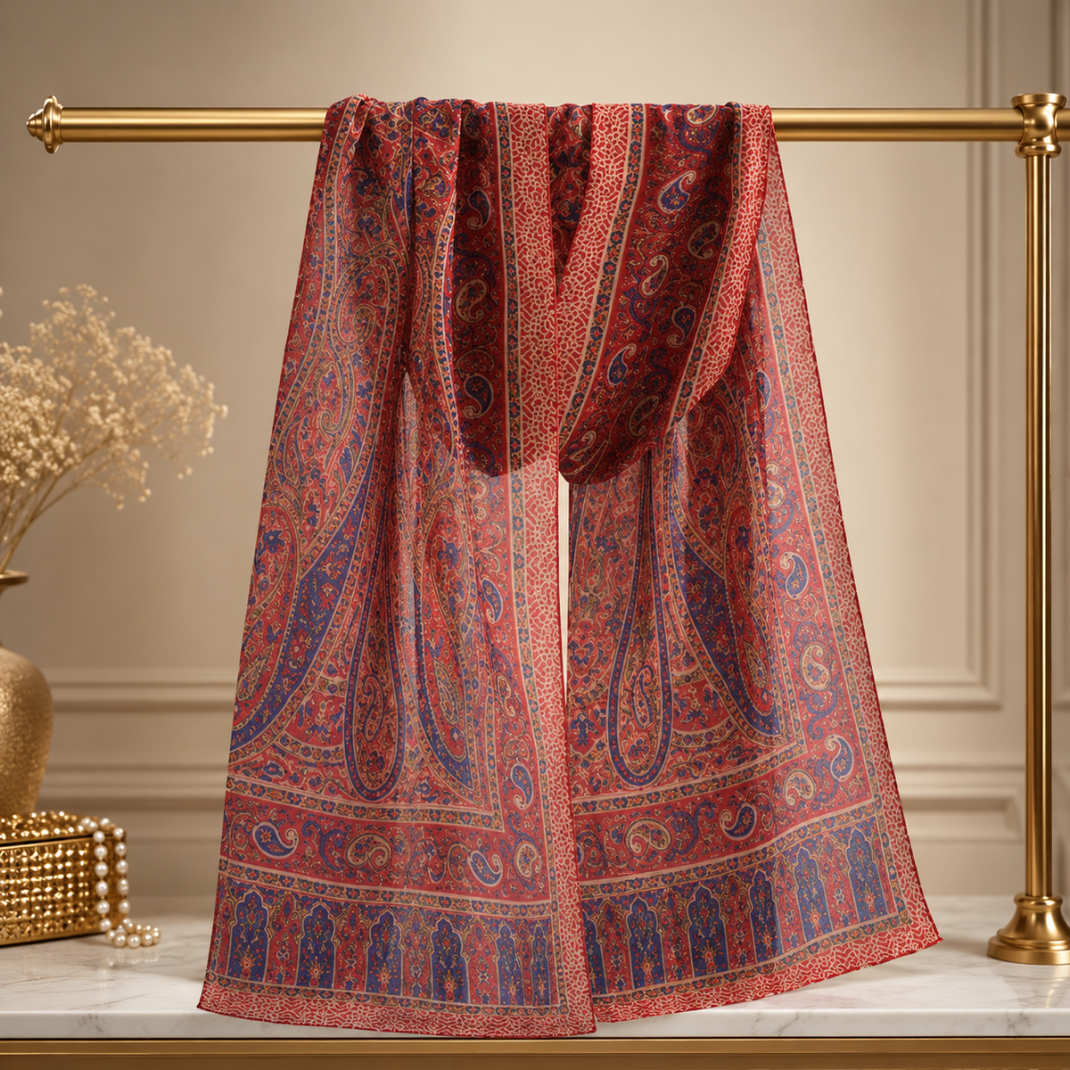 Red Multicolour Rectangle Silk Scarf