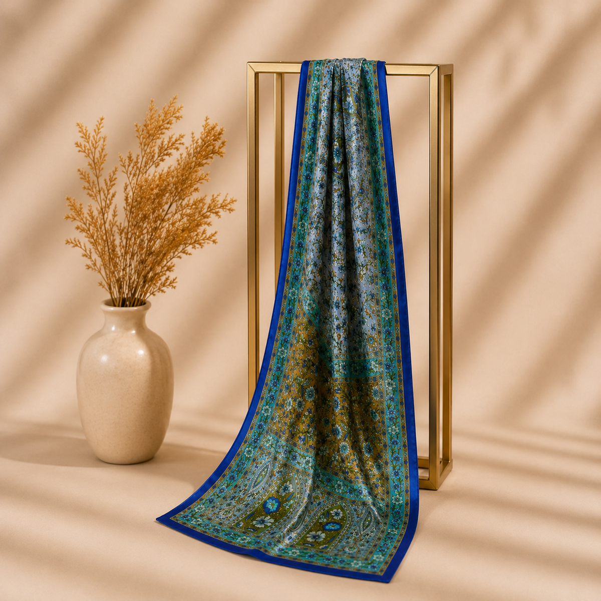 Royal Blue Multicolour Rectangle Silk Scarf