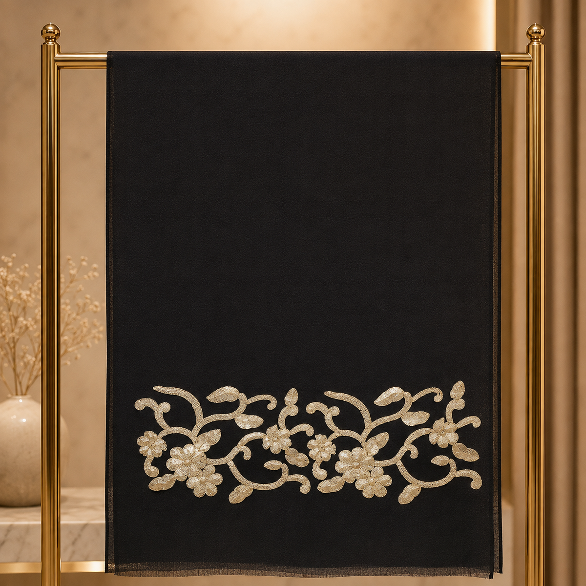 Black with Gold Flower Sequins Stole
