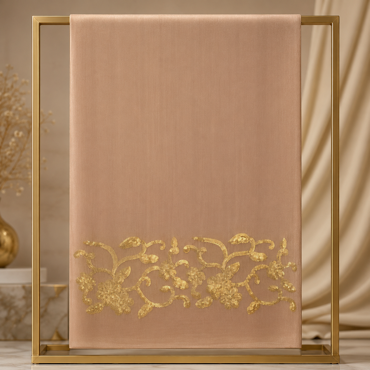 Pink Beige with Gold Flower Sequins Stole