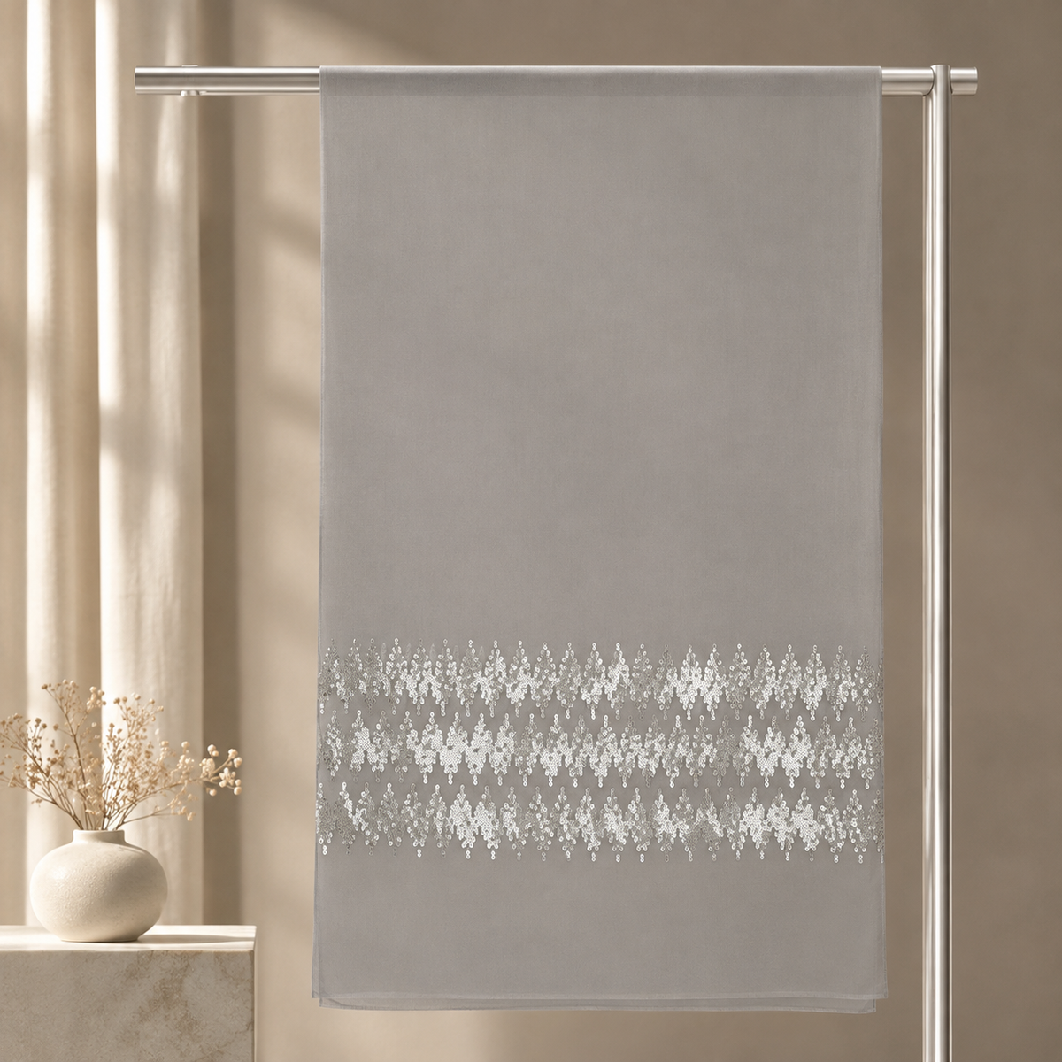 Grey with Silver Zigzag Sequins Stole