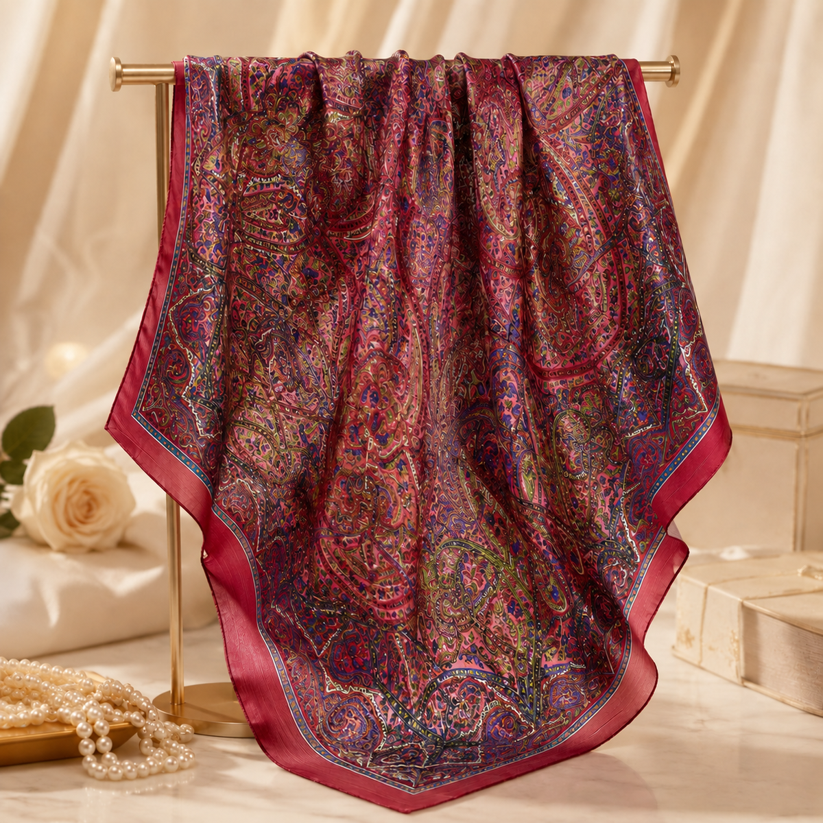 Burgundy Multicolour Square Silk Scarf