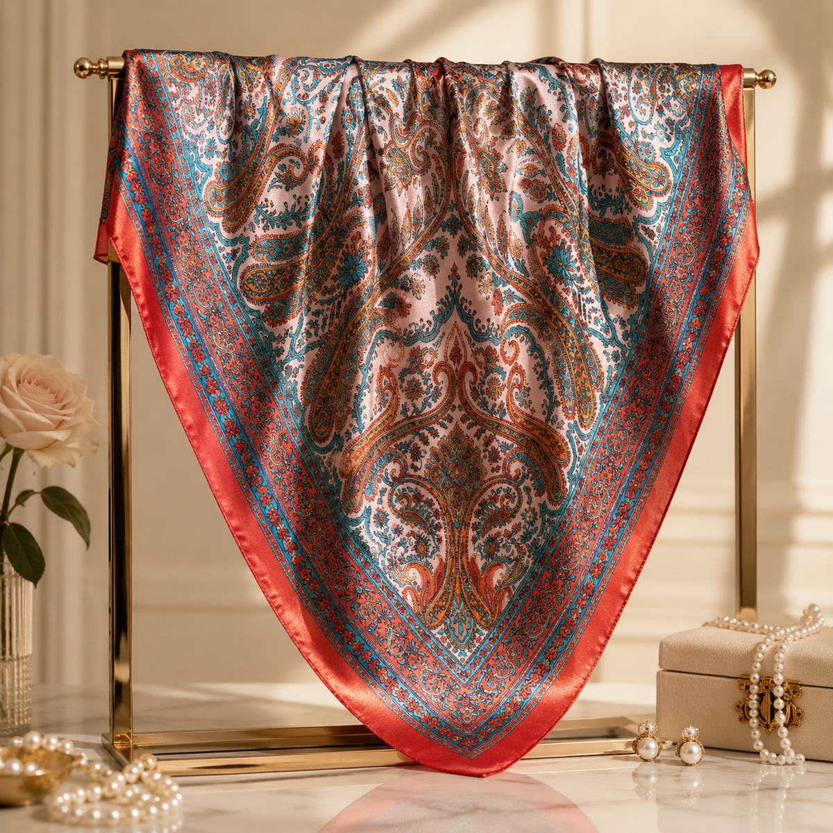 Red Multicolour Square Silk Scarf
