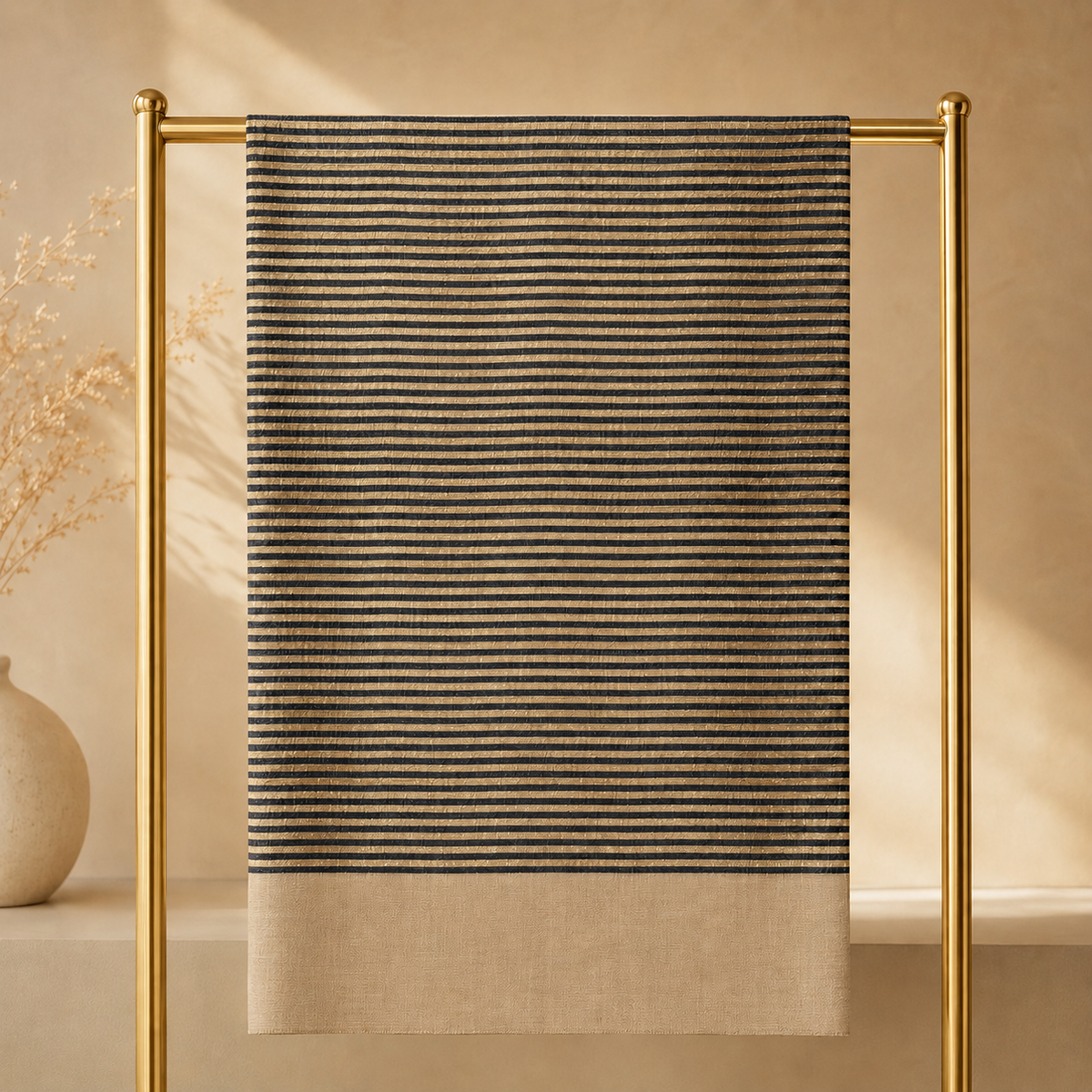 Navy Blue Zari Stripes on Natural Stole